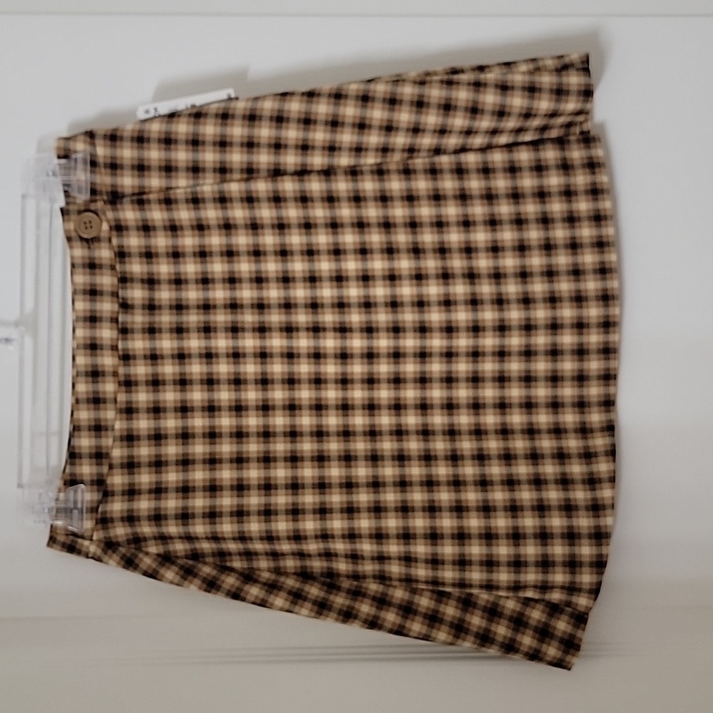 BP Size S Black Tan Cream Plaid Faux Wrap Button Front Mini Skirt, NEW with Tag